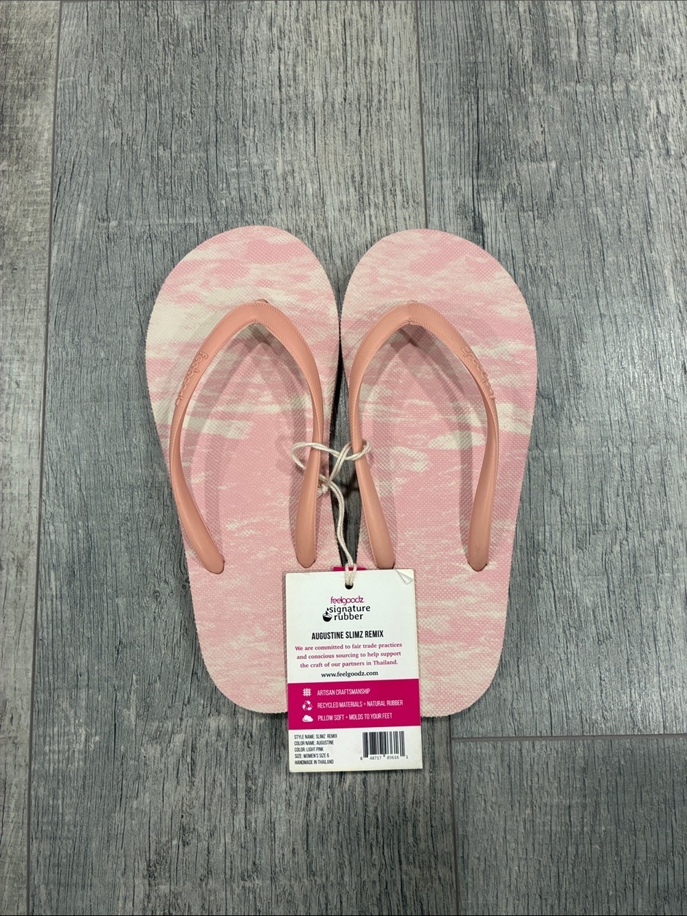 Feelgoodz Women’s Slimz Remix Light Pink Patterned Flip Flops Sandal Sz 6